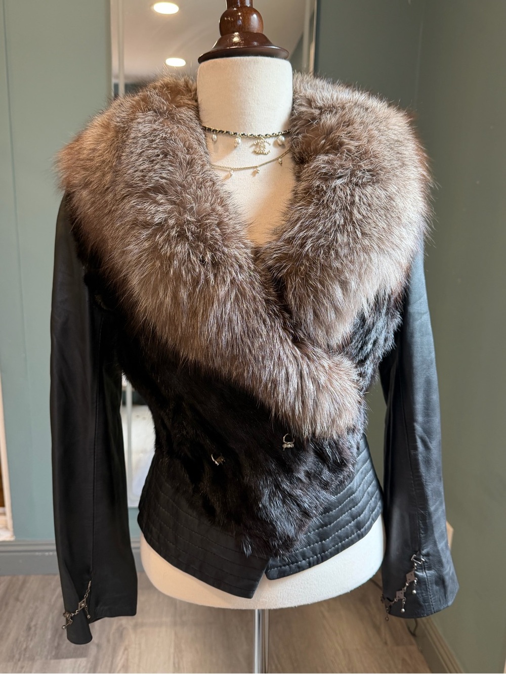 Vintage Mink Fur Fox Collar Leather Cropped Fitted Jacket XS/S